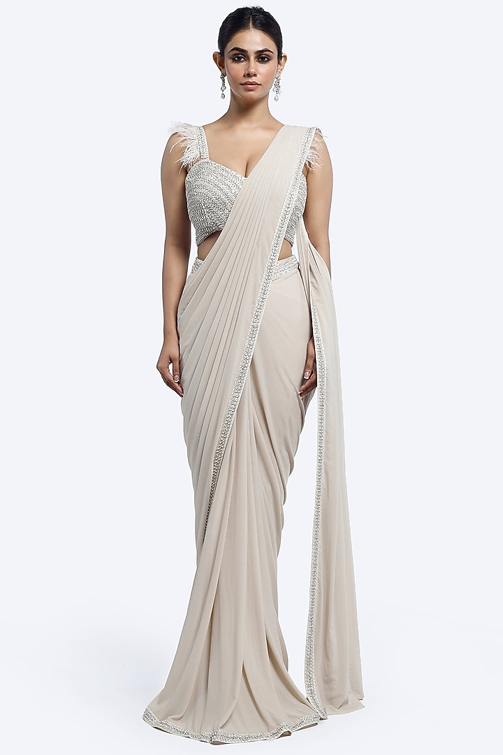Ivory Lycra Net Embellished Draped Party Wear Saree Set by Onaya at Pernia's Pop Up Shop