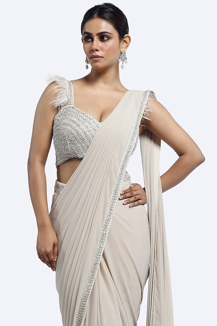Ivory Lycra Net Embellished Draped Party Wear Saree Set by Onaya at Pernia's Pop Up Shop