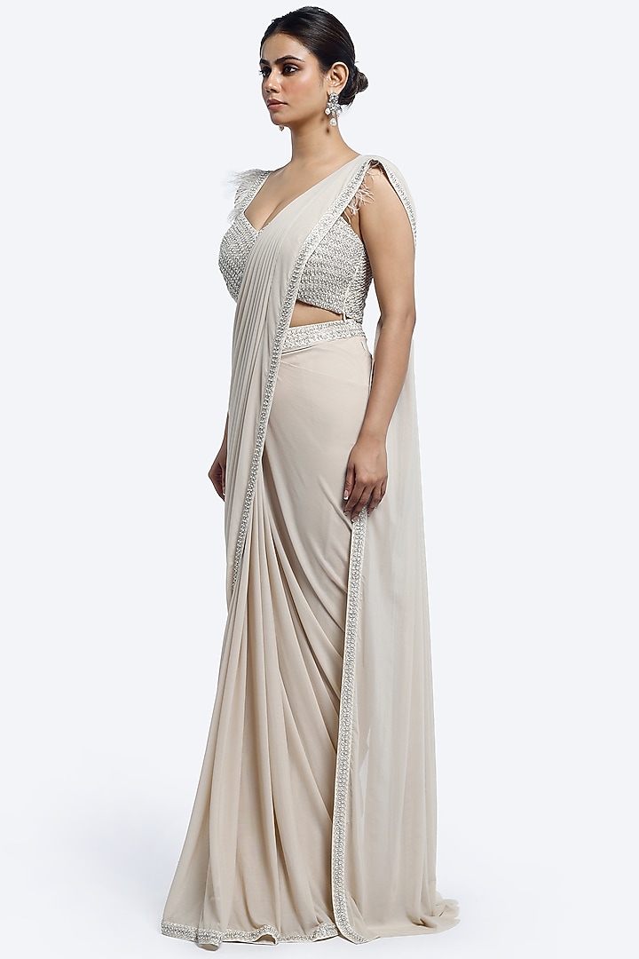 Ivory Lycra Net Embellished Draped Party Wear Saree Set by Onaya at Pernia's Pop Up Shop