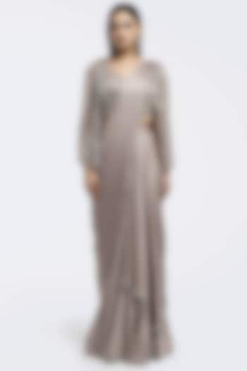 Beige Satin Embellished Pre-Stitched Party Wear Saree Set by Onaya at Pernia's Pop Up Shop