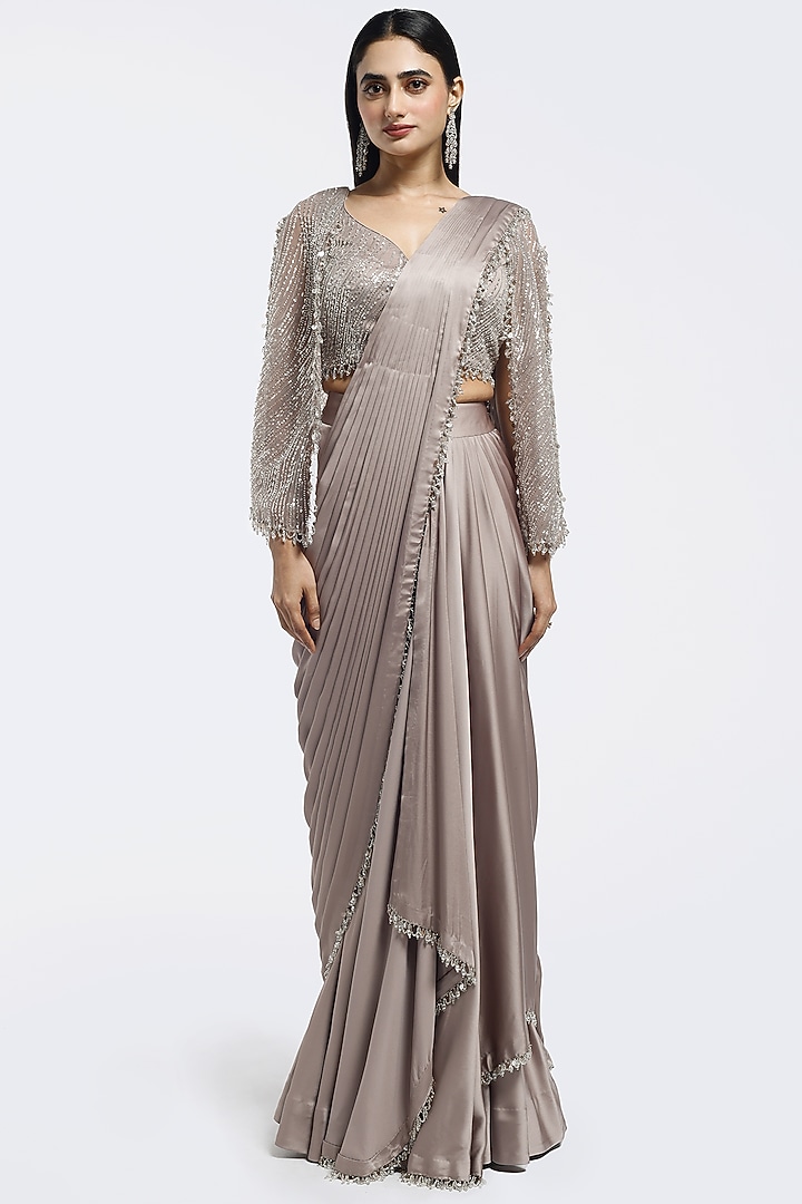 Beige Satin Embellished Pre-Stitched Party Wear Saree Set by Onaya at Pernia's Pop Up Shop