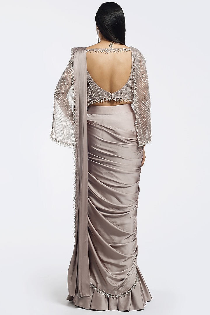 Beige Satin Embellished Pre-Stitched Party Wear Saree Set by Onaya at Pernia's Pop Up Shop