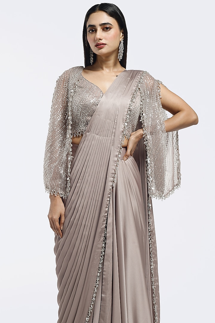 Beige Satin Embellished Pre-Stitched Party Wear Saree Set by Onaya at Pernia's Pop Up Shop