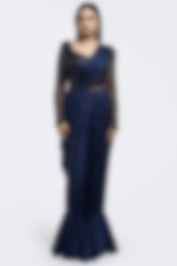 Navy Blue Satin Embellished Pre-Stitched Party Wear Saree Set by Onaya at Pernia's Pop Up Shop