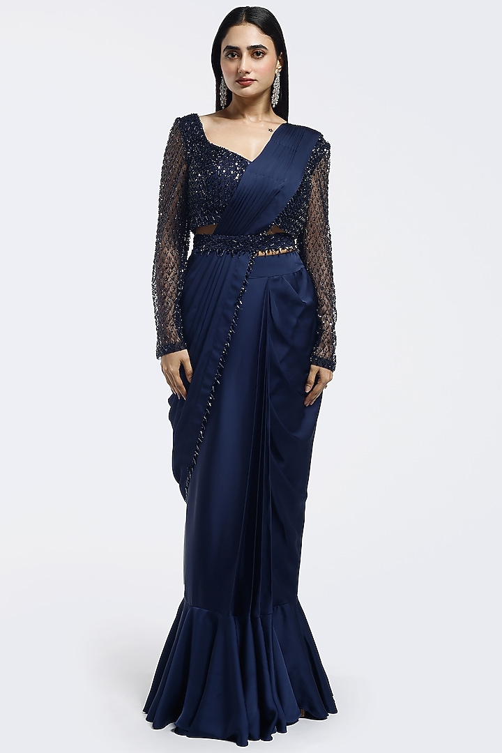 Navy Blue Satin Embellished Pre-Stitched Party Wear Saree Set by Onaya at Pernia's Pop Up Shop