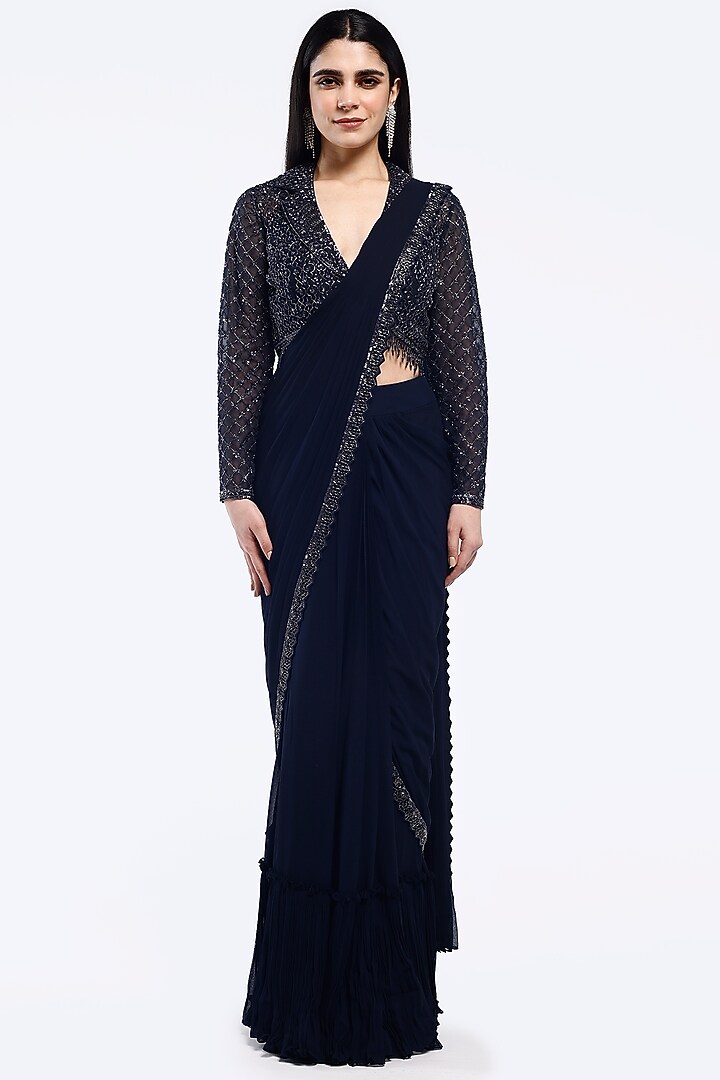 Navy Blue Georgette Embellished Pre-Stitched Party Wear Saree Set by Onaya at Pernia's Pop Up Shop