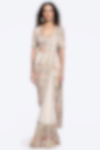 Off-White Organza Foliage Printed Pre-Stitched Wedding Saree Set by Onaya at Pernia's Pop Up Shop