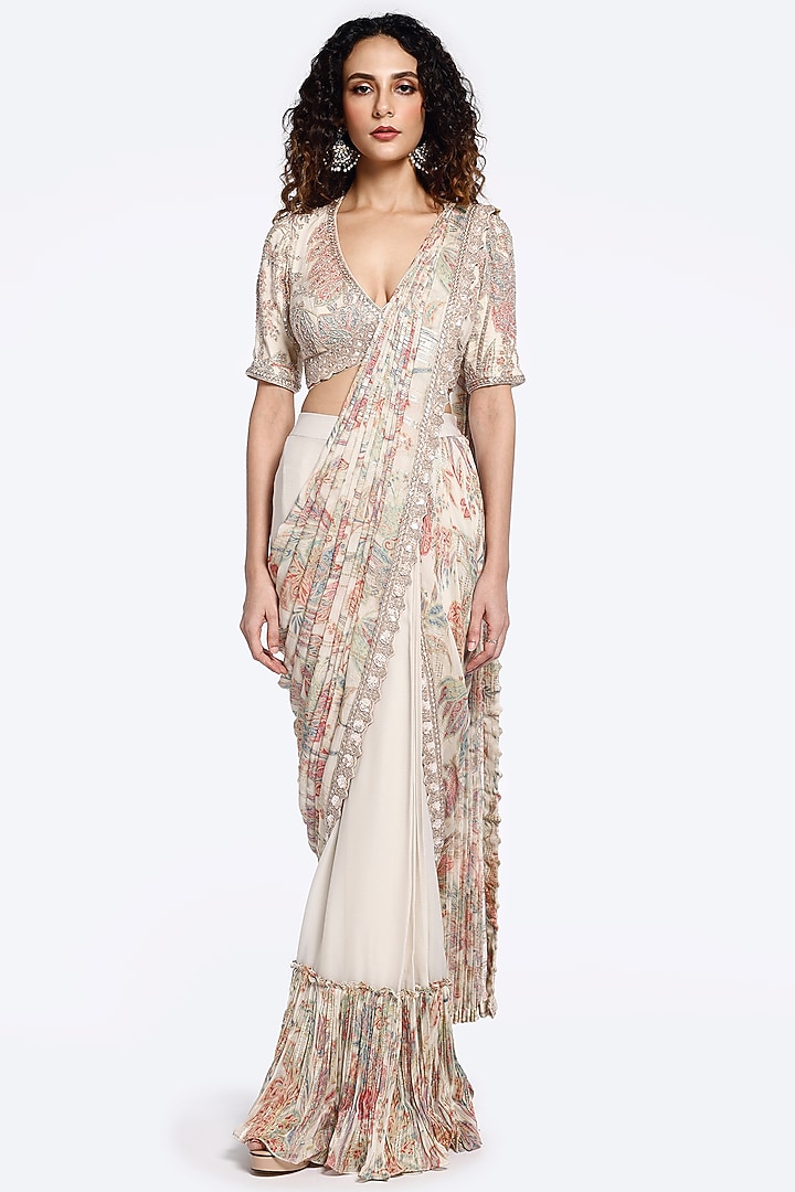 Off-White Organza Foliage Printed Pre-Stitched Wedding Saree Set by Onaya at Pernia's Pop Up Shop