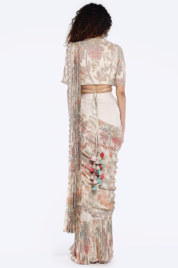 Off-White Organza Foliage Printed Pre-Stitched Wedding Saree Set by Onaya at Pernia's Pop Up Shop