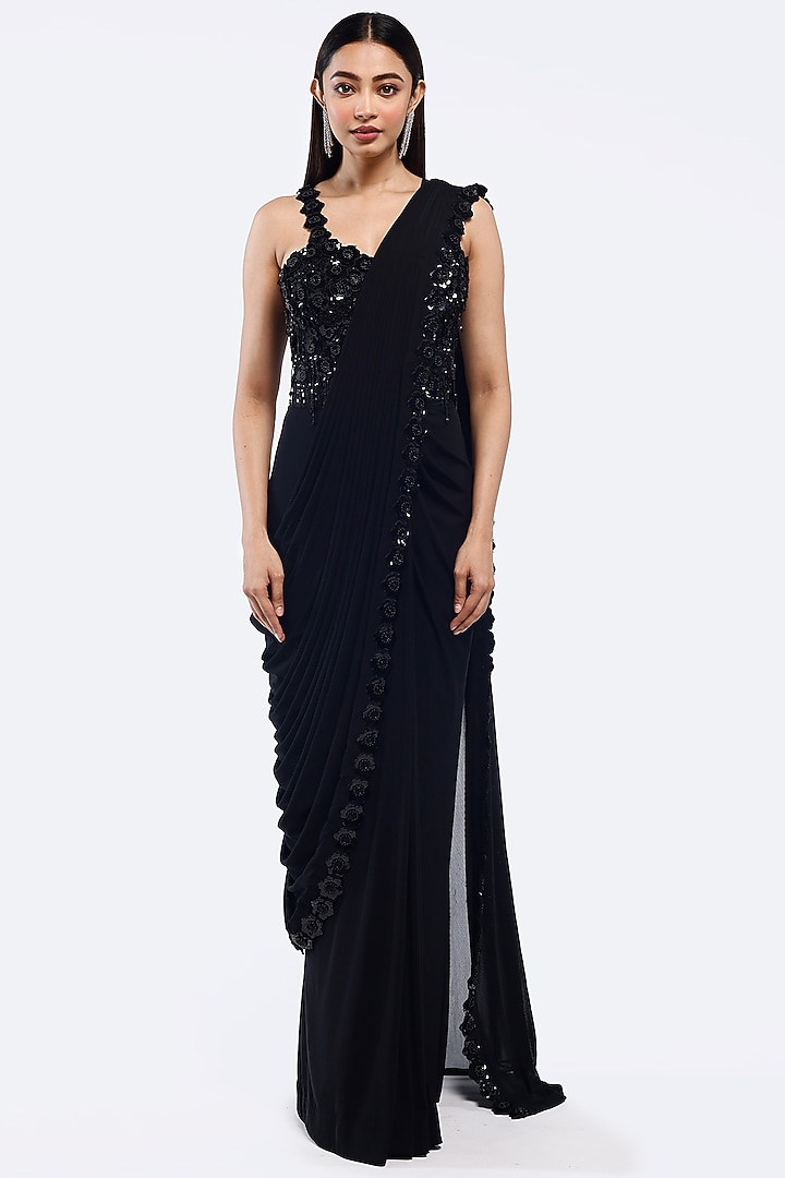 Black Lycra Cutdana Embellished Party Wear Gown Saree by Onaya at Pernia's Pop Up Shop