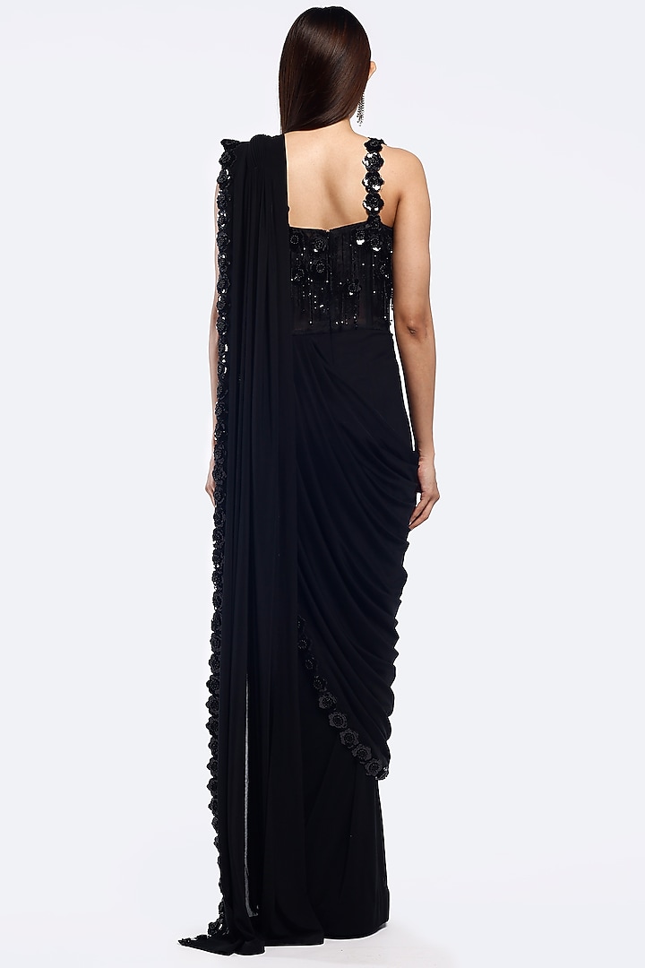 Black Lycra Cutdana Embellished Party Wear Gown Saree by Onaya at Pernia's Pop Up Shop