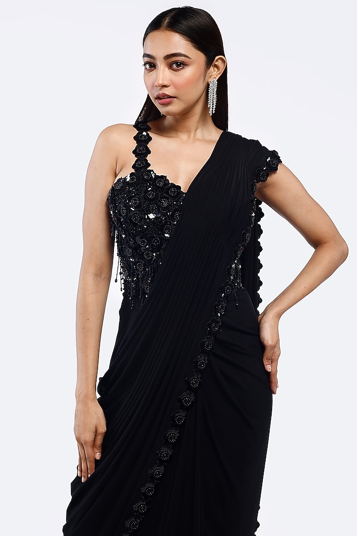 Black Lycra Cutdana Embellished Party Wear Gown Saree by Onaya at Pernia's Pop Up Shop