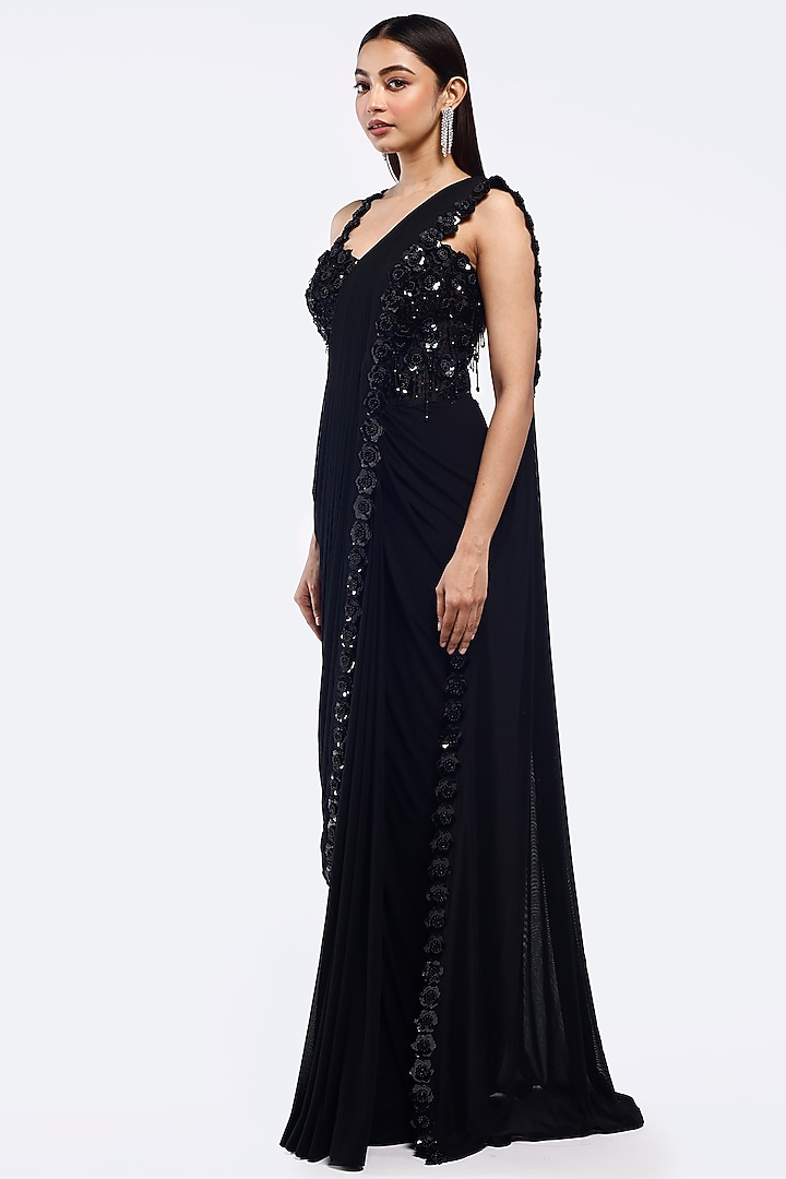Black Lycra Cutdana Embellished Party Wear Gown Saree by Onaya at Pernia's Pop Up Shop