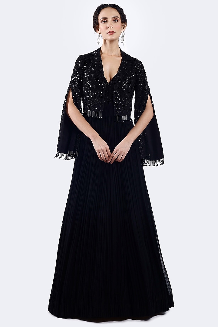 Black Georgette Bead Embellished Party Wear Gown With Jacket by Onaya at Pernia's Pop Up Shop