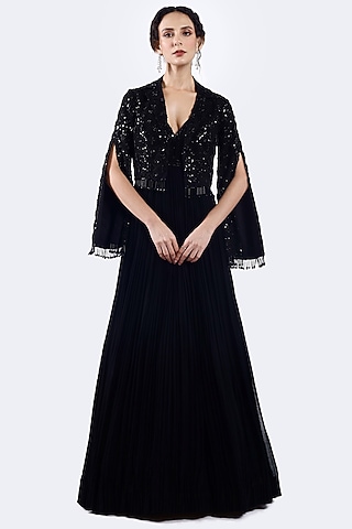 Black Georgette Bead Embellished Gown With Jacket by Onaya