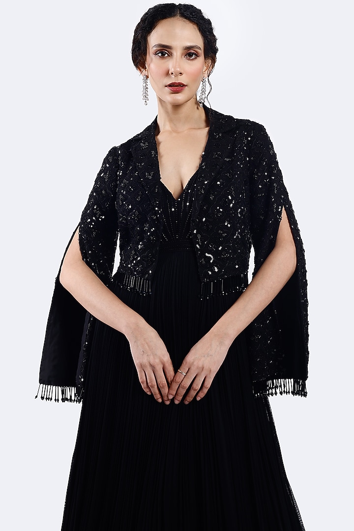 Black Georgette Bead Embellished Party Wear Gown With Jacket by Onaya at Pernia's Pop Up Shop