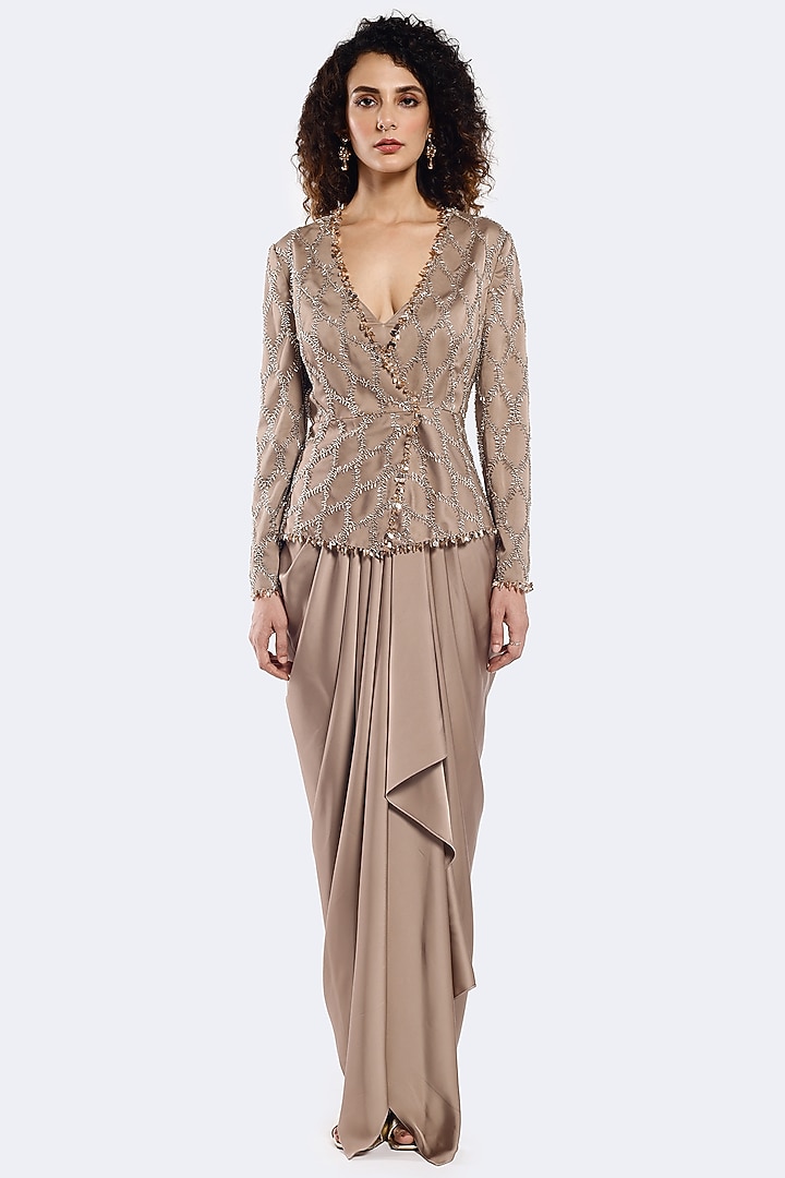 Deep Beige Crepe Pleated Draped Skirt Set by Onaya at Pernia's Pop Up Shop