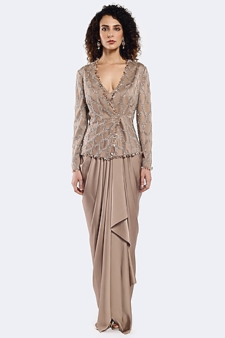 Deep Beige Crepe Pleated Draped Skirt Set by Onaya