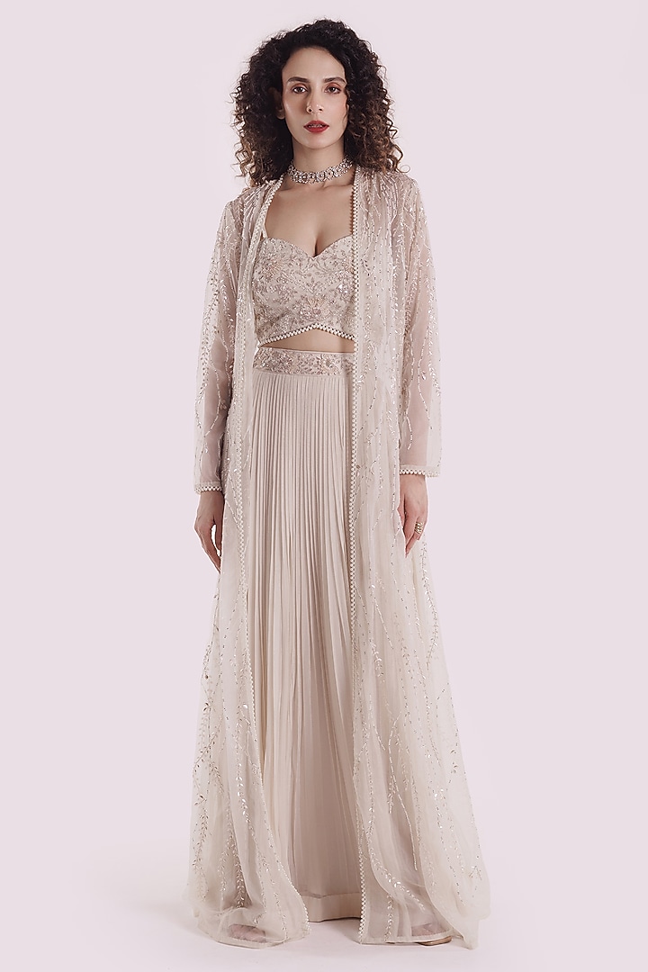 Off-White Organza Pearl Embroidered Jacket Set by Onaya at Pernia's Pop Up Shop