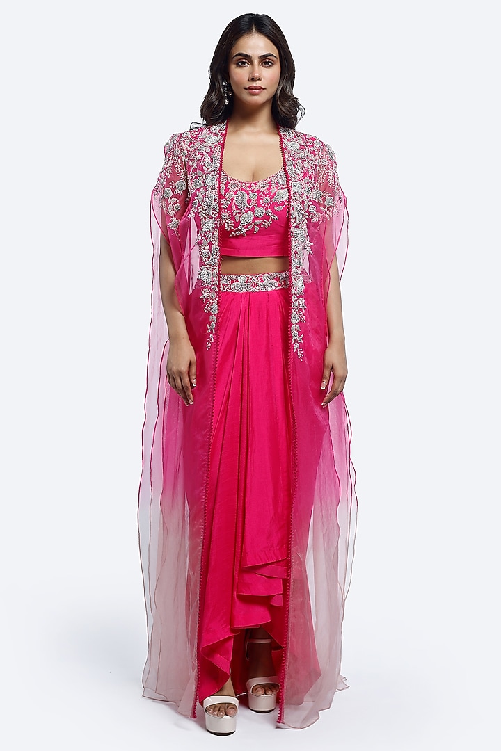 Rani Pink Silk Zardosi Embellished Cape Jacket Set by Onaya at Pernia's Pop Up Shop