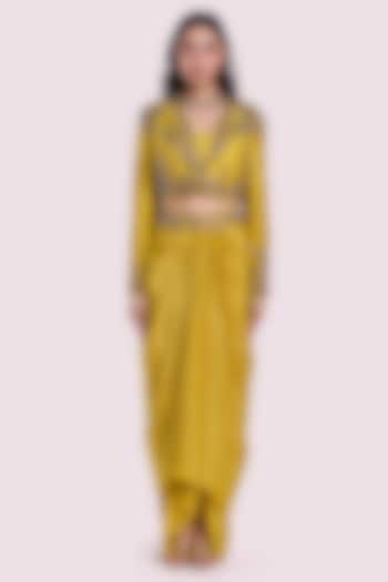Yellow Crepe & Silk Dhoti Pleated Skirt Set by Onaya at Pernia's Pop Up Shop