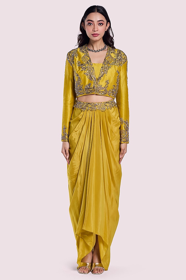 Yellow Crepe & Silk Dhoti Pleated Skirt Set by Onaya at Pernia's Pop Up Shop