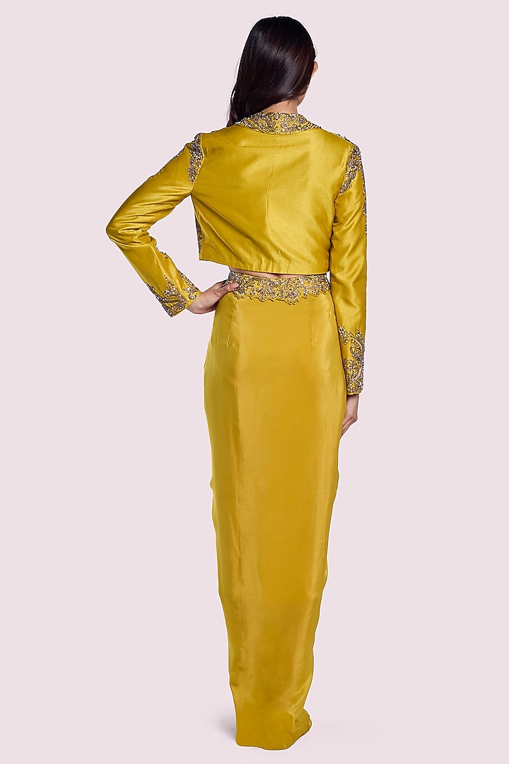 Yellow Crepe & Silk Dhoti Pleated Skirt Set by Onaya at Pernia's Pop Up Shop