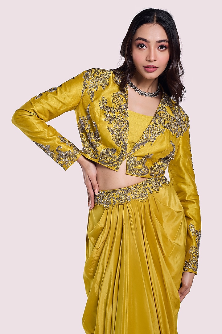 Yellow Crepe & Silk Dhoti Pleated Skirt Set by Onaya at Pernia's Pop Up Shop