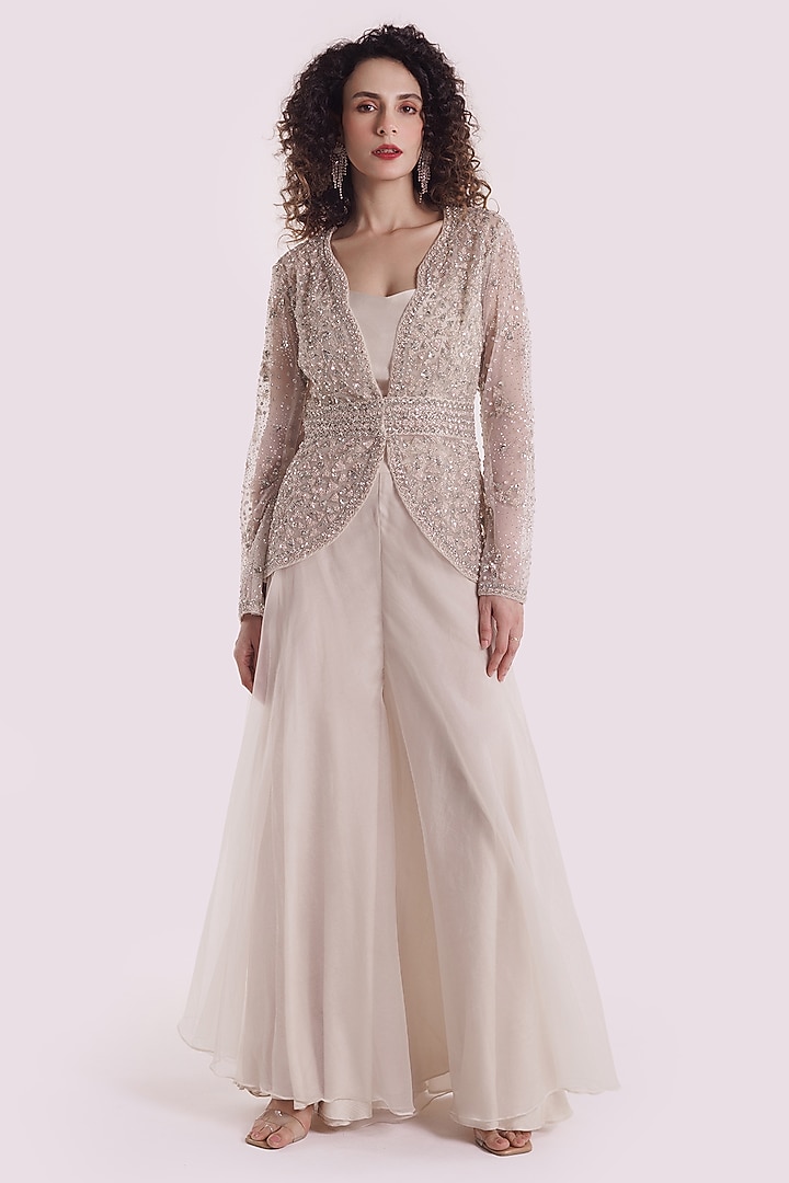 Off-White Net Cutdana Embellished Jacket Set by Onaya at Pernia's Pop Up Shop