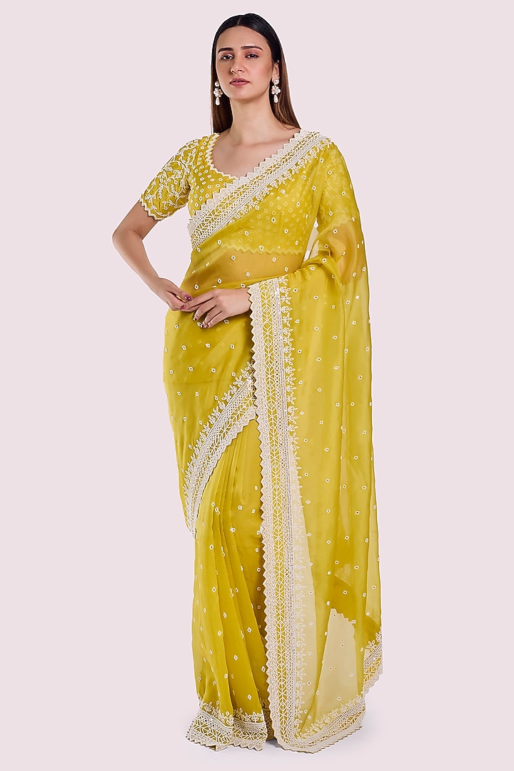 Neon Green Organza Moti Embellished Party Wear Saree Set by Onaya at Pernia's Pop Up Shop