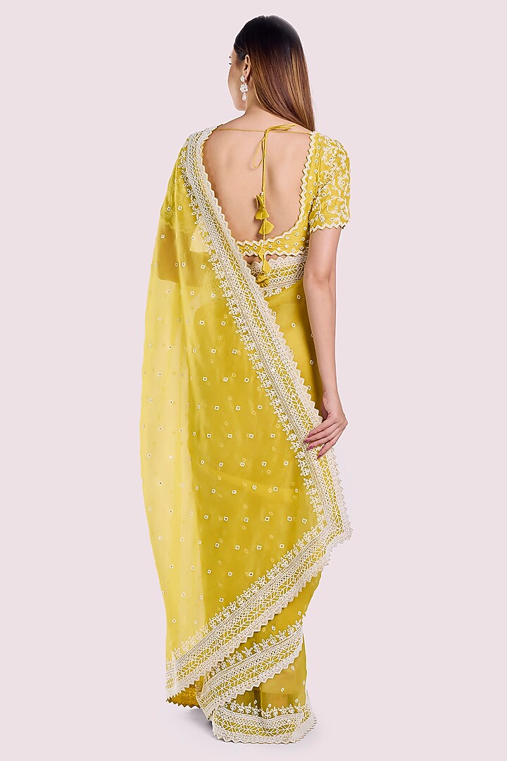 Neon Green Organza Moti Embellished Party Wear Saree Set by Onaya at Pernia's Pop Up Shop