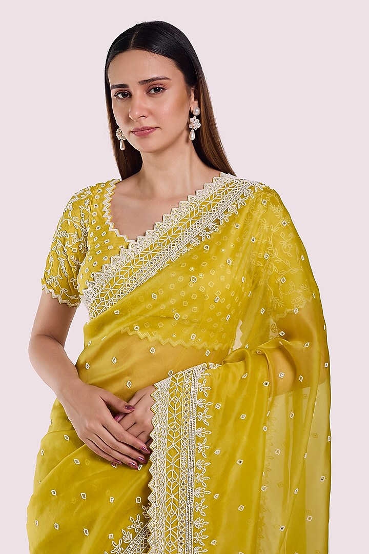 Neon Green Organza Moti Embellished Party Wear Saree Set by Onaya at Pernia's Pop Up Shop