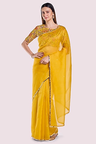 Yellow Organza Resham Embellished Saree Set by Onaya