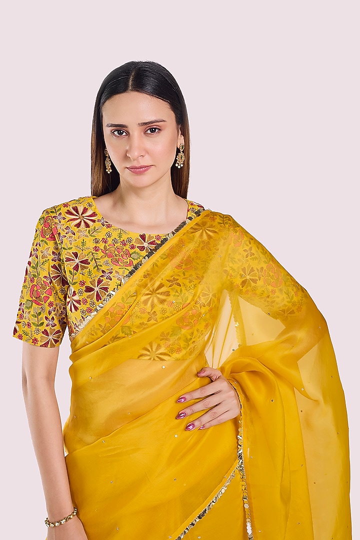 Yellow Organza Resham Embellished Party Wear Saree Set by Onaya at Pernia's Pop Up Shop