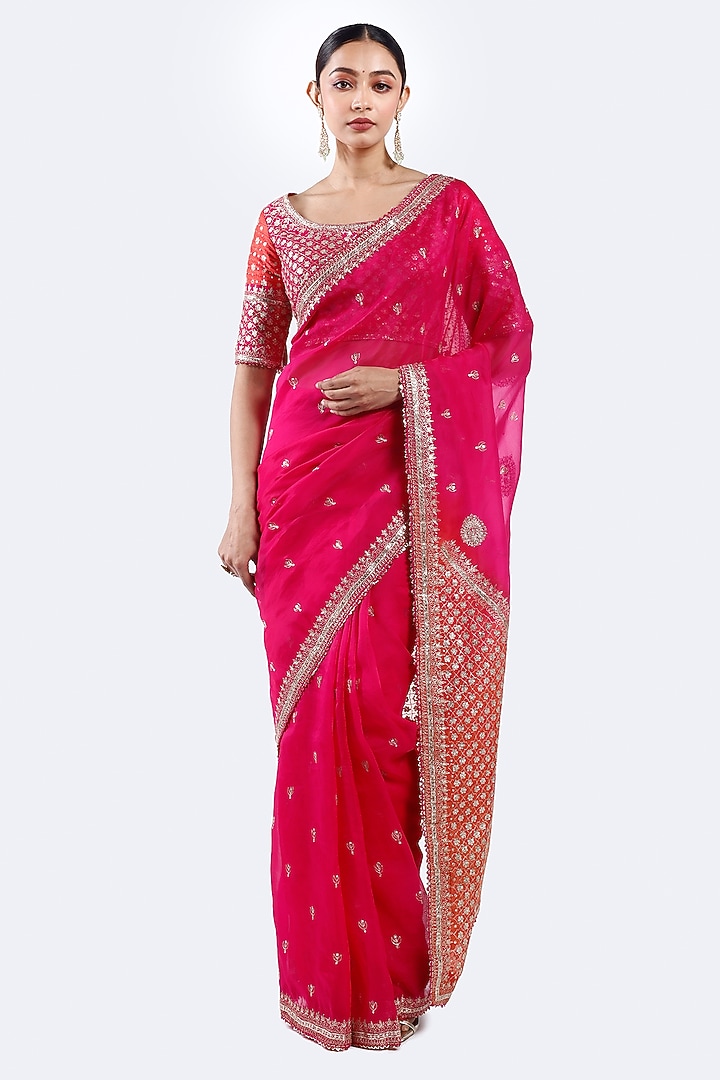 Pink-Orange Organza Sequin Work Wedding Saree Set by Onaya at Pernia's Pop Up Shop