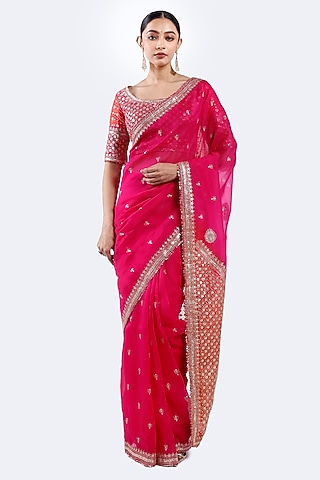 Pink-Orange Organza Sequin Work Saree Set by Onaya