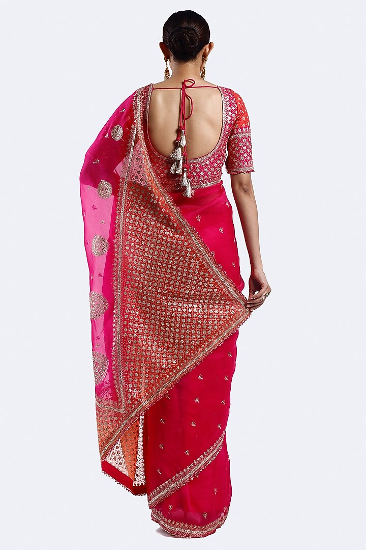 Pink-Orange Organza Sequin Work Wedding Saree Set by Onaya at Pernia's Pop Up Shop