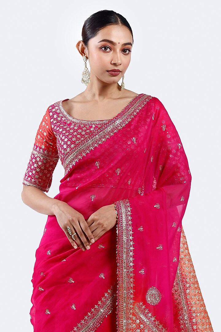 Pink-Orange Organza Sequin Work Wedding Saree Set by Onaya at Pernia's Pop Up Shop
