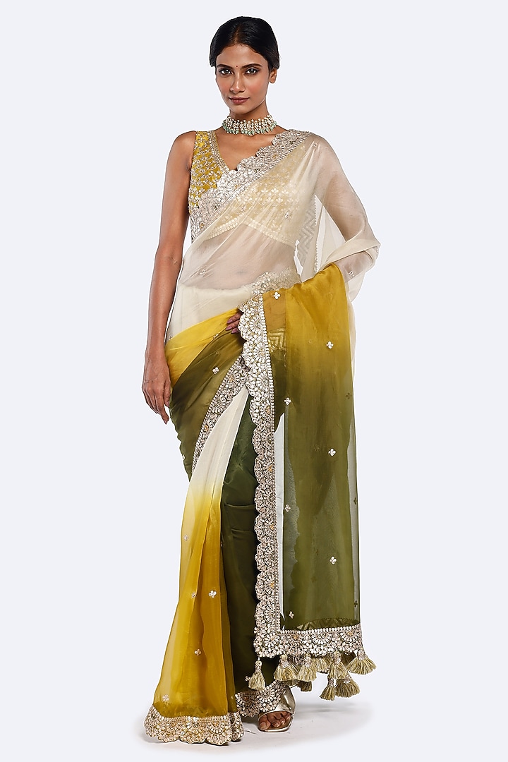 Green-Yellow Organza Sequin Embellished Wedding Saree Set by Onaya at Pernia's Pop Up Shop