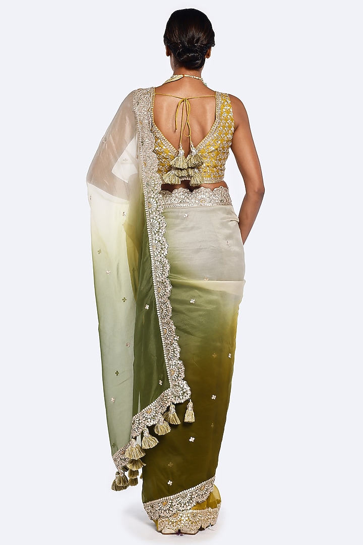 Green-Yellow Organza Sequin Embellished Wedding Saree Set by Onaya at Pernia's Pop Up Shop