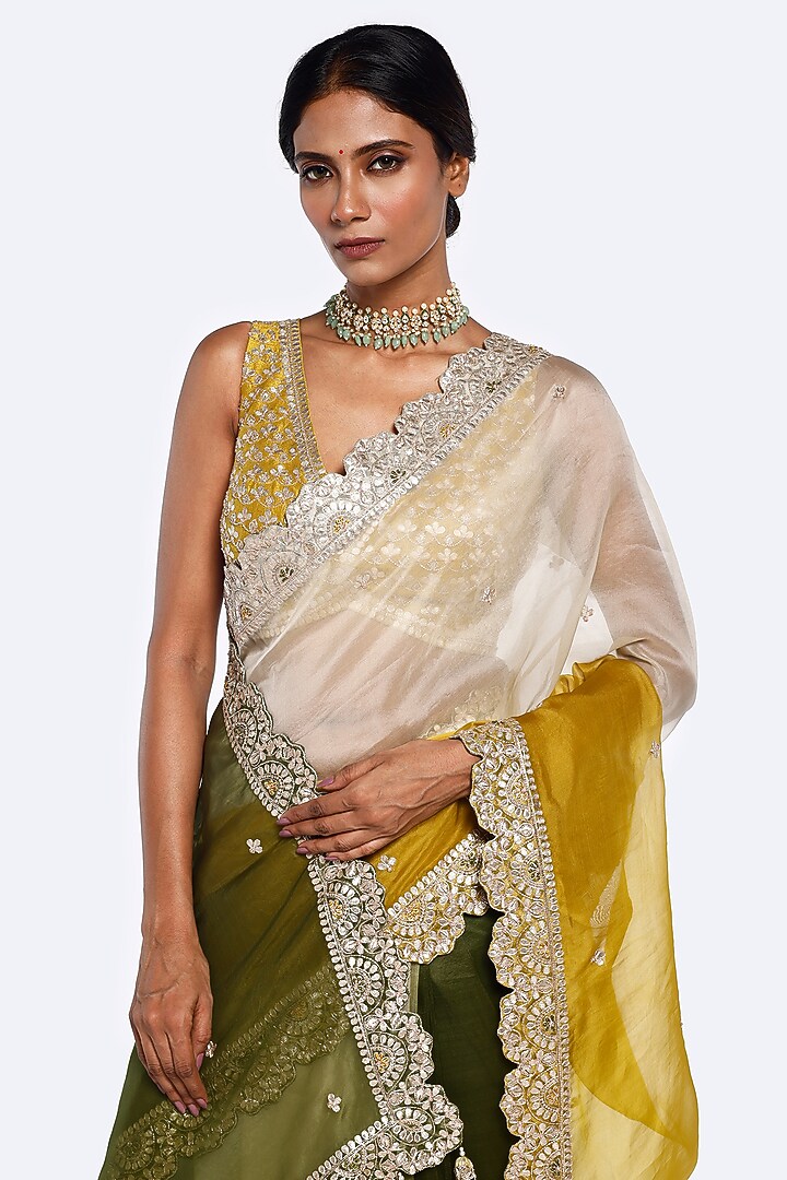 Green-Yellow Organza Sequin Embellished Wedding Saree Set by Onaya at Pernia's Pop Up Shop