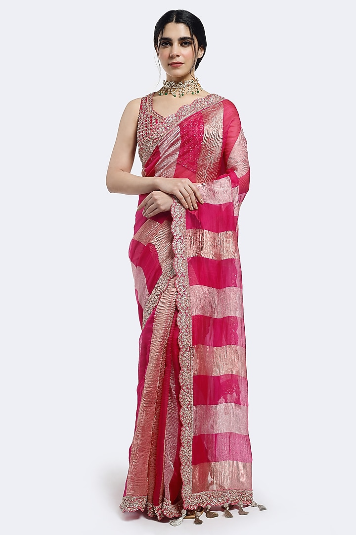 Rani Pink Tissue Sequin Embellished Wedding Saree Set by Onaya at Pernia's Pop Up Shop