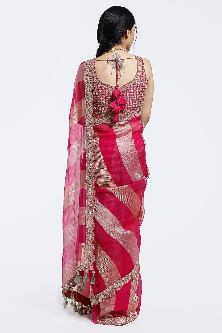 Rani Pink Tissue Sequin Embellished Wedding Saree Set by Onaya at Pernia's Pop Up Shop