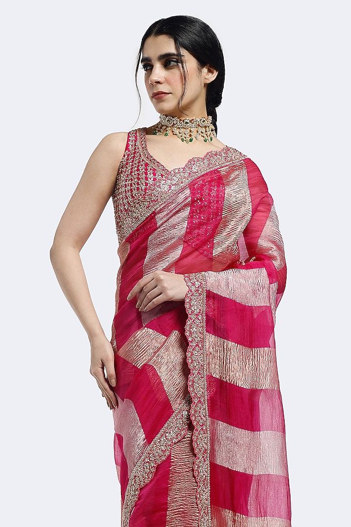 Rani Pink Tissue Sequin Embellished Wedding Saree Set by Onaya at Pernia's Pop Up Shop