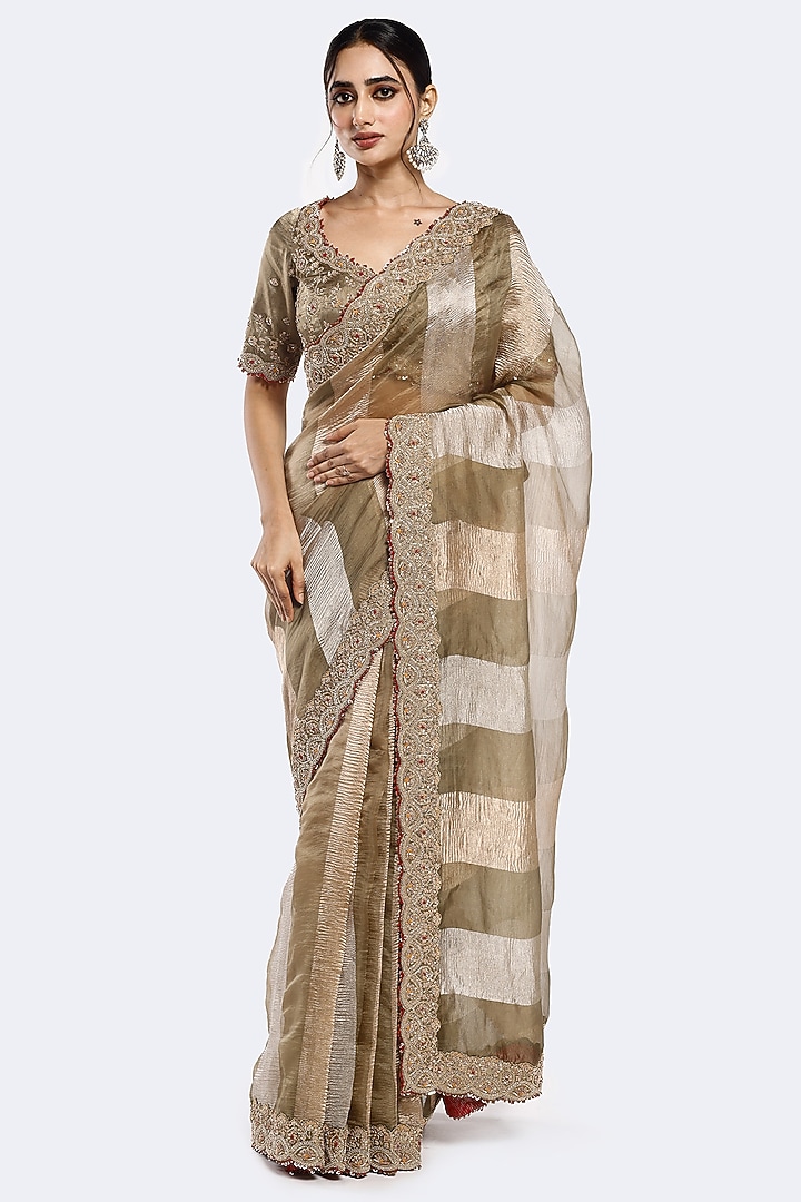 Dusty Green Tissue Sequin Embellished Wedding Saree Set by Onaya at Pernia's Pop Up Shop