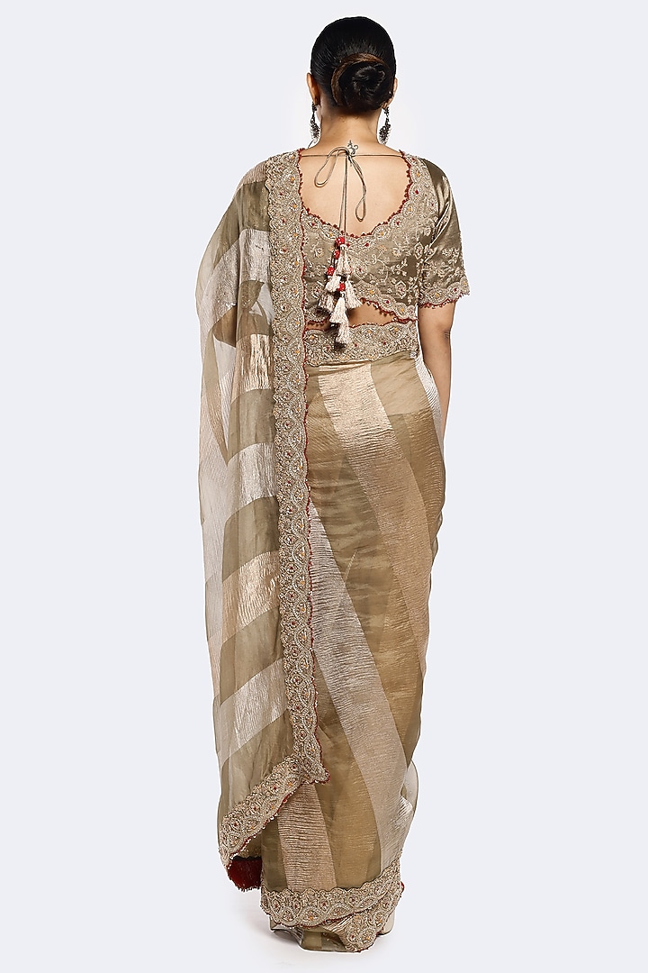 Dusty Green Tissue Sequin Embellished Wedding Saree Set by Onaya at Pernia's Pop Up Shop