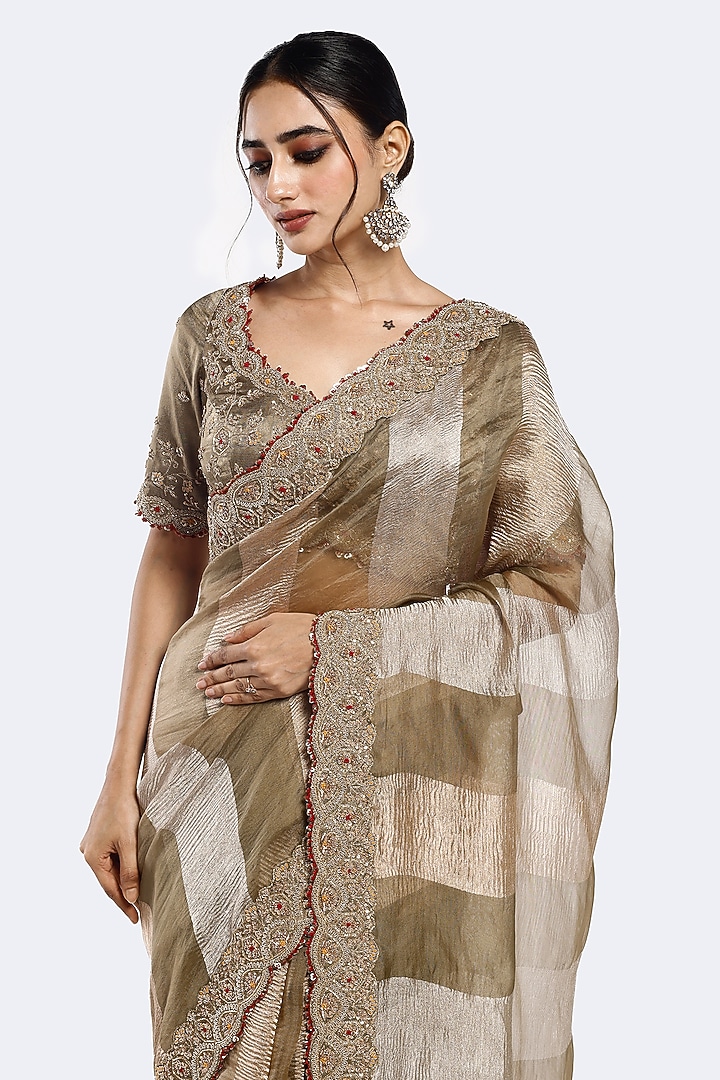 Dusty Green Tissue Sequin Embellished Wedding Saree Set by Onaya at Pernia's Pop Up Shop