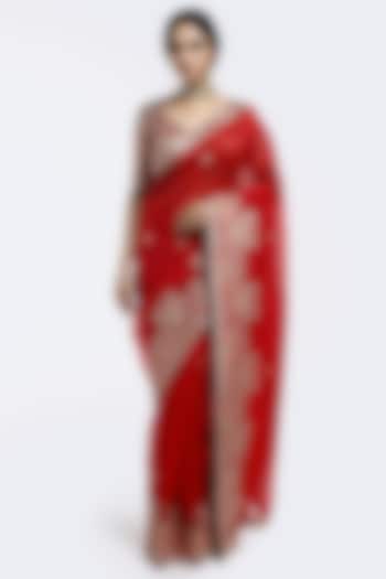 Red Tissue Sequin Embellished Wedding Saree Set by Onaya at Pernia's Pop Up Shop
