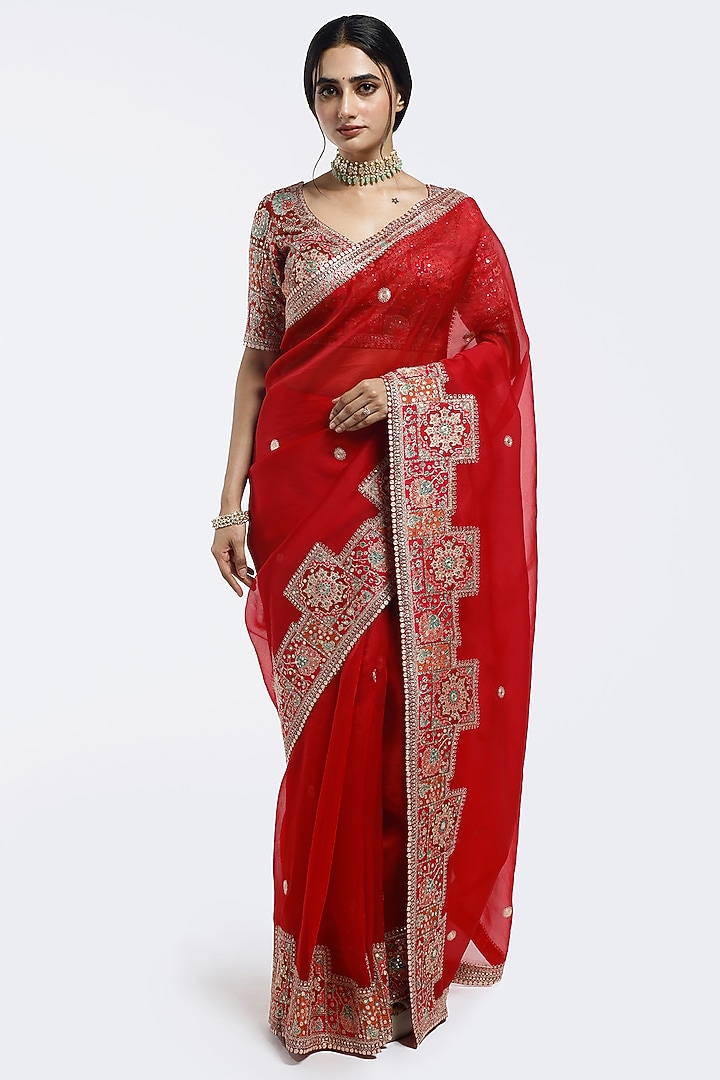 Red Tissue Sequin Embellished Wedding Saree Set by Onaya at Pernia's Pop Up Shop