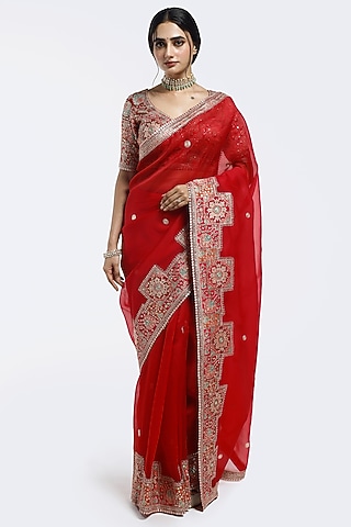 Red Tissue Sequin Embellished Saree Set by Onaya